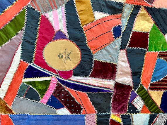 C1890s Crazy Quilt Top Handmade Turkey Tracks Embroidery Second to