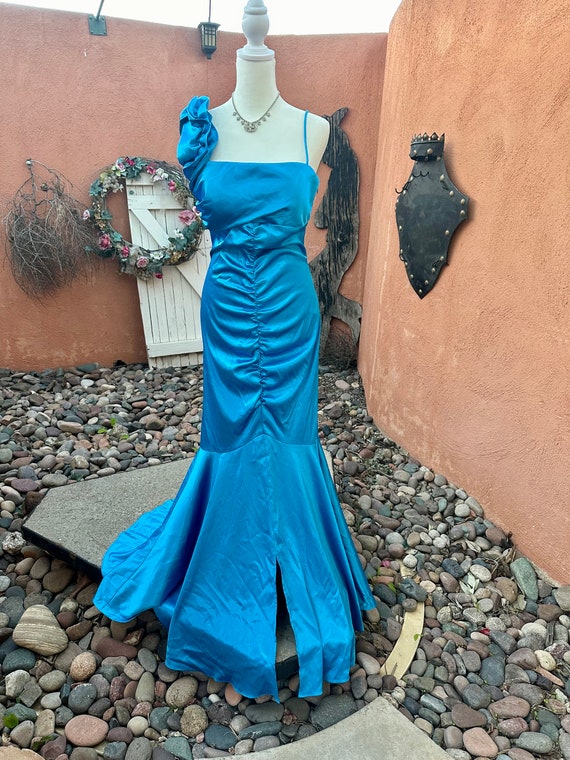 Vintage Ocean Blue Satin Mermaid Long Dress By Ju… - image 2