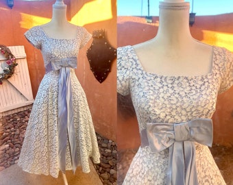 1950s Light Blue Embroidered Lace Fit n Flare Dress Built in Slip Size S