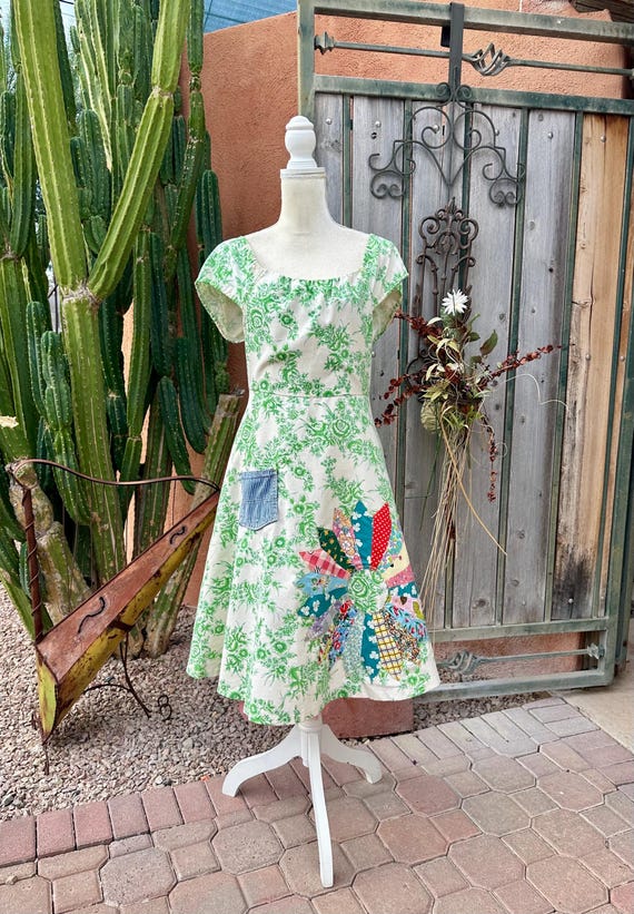 light green fit and flare dress 1970s Vintage Floral N With Patchwork Detail Denim Pocket Accents Size S Paillette embellished mini dress