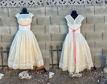 1950s Priscilla Of Boston Fit N Flare Ivory Organza Tea Length Party Dress AS IS Size XS