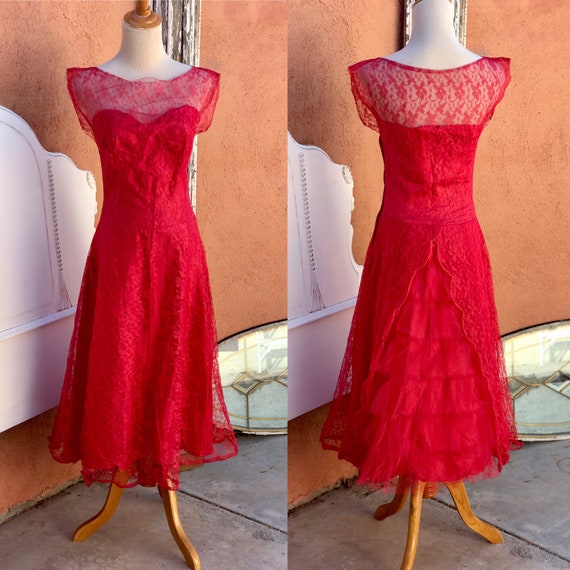 1950s Red Lace With Tulle Bustle Cocktail Party Dr