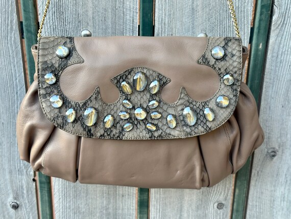 Vintage Taupe Leather Handbag Reptile Chatoyant Cabochon Gems Chi