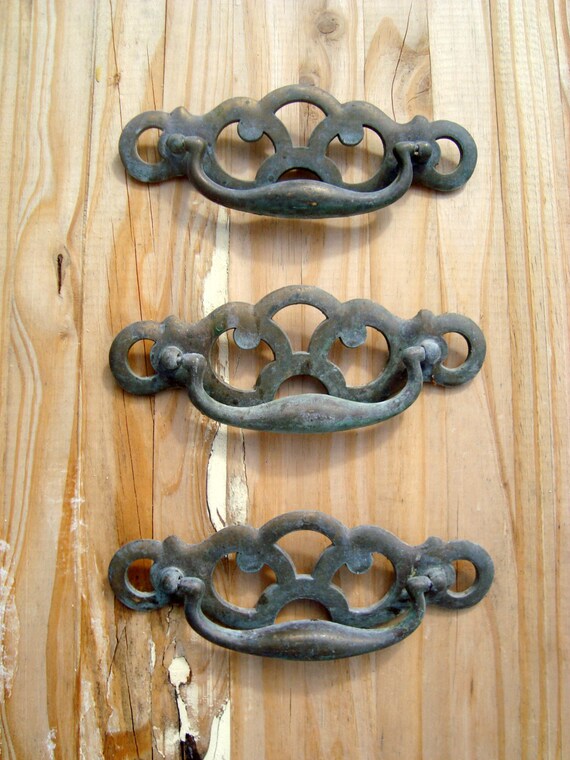 Vintage Verdigris Brass Drawer Pulls Set Of 3 Made In Canada Etsy
