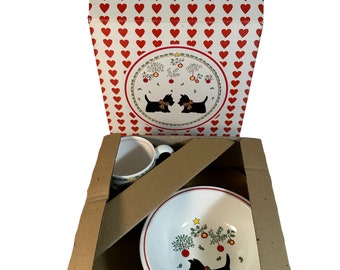 Juego de platos infantiles de 3 piezas con motivos de perros Scottie vintage y adorno de acebo navideño