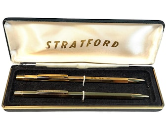 Set di penne e matite vintage STRATFORD in metallo dorato in scatola, forma ottagonale