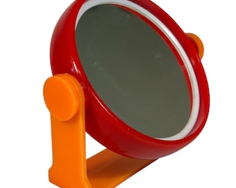 Retro Mod Red/Orange Mighty Mini Make-Up Mirror Swivel Tilt Two Sided Hong Kong
