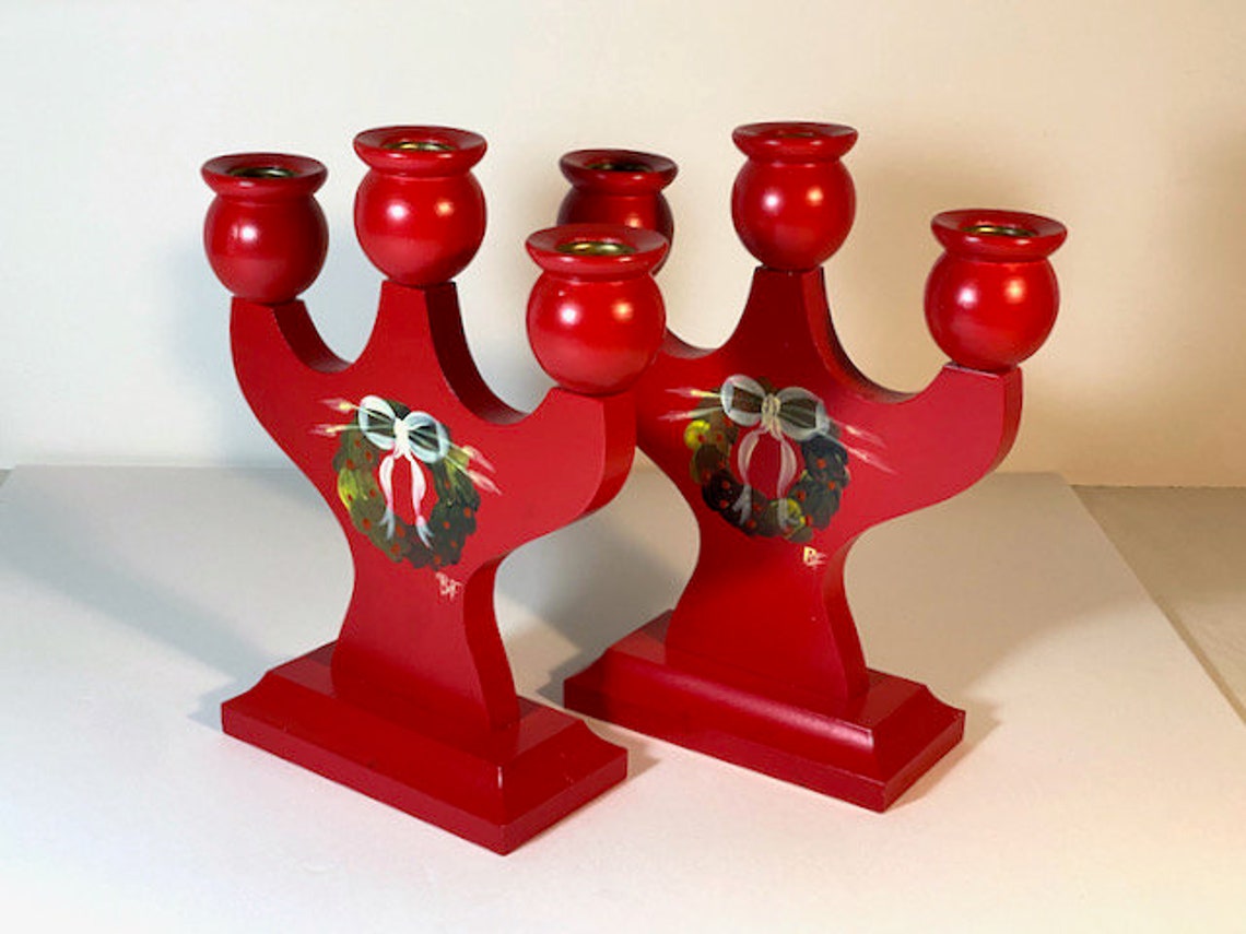 Pair Vintage Swedish Red Wood 3 Candle Candle Holders w/ Etsy