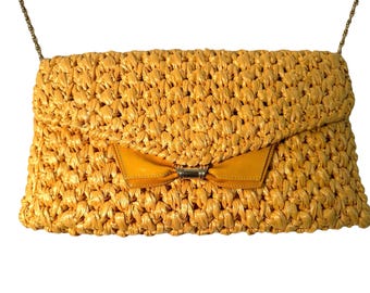 Rodo Italy VTG Woven Straw Clutch Purse Shoulder Bag Yellow, Patent Leather Bow!