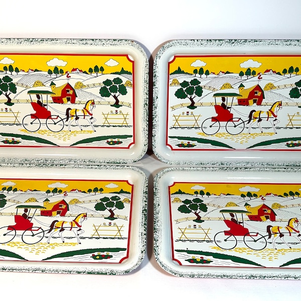 Set of 4 Tin Lithograph Country Scene TV Trays Horse & Buggy, Farm, Apple Trees