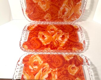 Set 3 Vintage Acrylic Nesting Trays Twisted Rope Trim & Handles, Vibrant Pattern