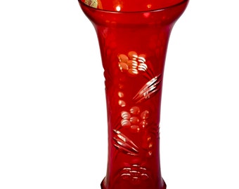 Vintage Badash Ruby Red Cut to Clear Crystal Glass Vase w/ Label