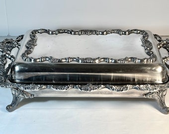 Vtg Poole Silverplate adornado barroco patas 9x13 plato de cazuela con tapa para Pyrex