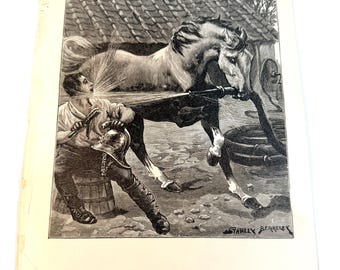 ヴィンテージ スタンレー・バークレー 版画/エッチング、消防士、ヘルメット、ホースを持った馬
