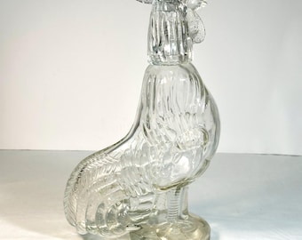 Decantador vintage de gallo de vidrio prensado transparente, A Hardy Cognac, 13"