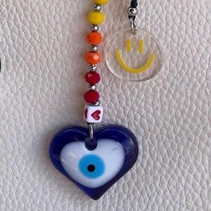Evil Eye Beaded Bag Charm: Smiley Face, Stainless Steel, Greek Gift