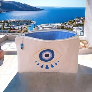 Greek purse, handmade evil eye fabric pouch, small jewelry pouch, Greek gift, evil eye bag, fabric purse, souvenir, made in Greece
