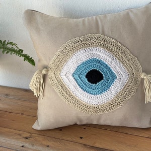 Handmade evil eye cushion cover house ornament crochet pillow Greek gift image 6