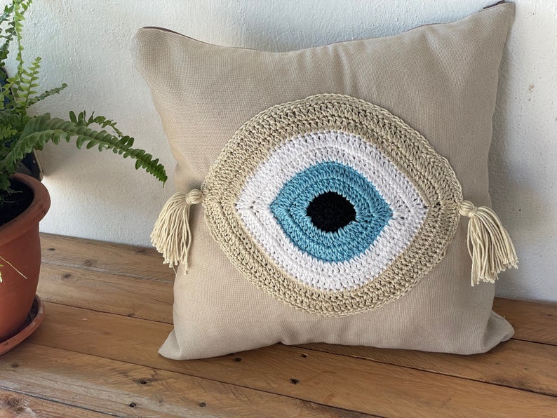 Handmade evil eye cushion cover house ornament crochet pillow Greek gift image 6