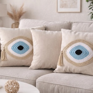 Handmade Evil Eye Cushion Cover - House Ornament - Crochet Pillow - Greek Gift