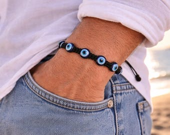 Men's Evil Eye Bracelet: Greek Protection Jewelry, Adjustable Cord