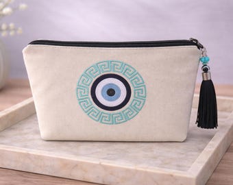Pochette Maquillage Brodée Oeil et Motif Grec - Choix de couleurs -