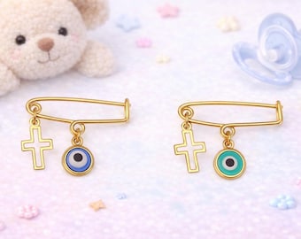 Evil Eye Cross Baby Pin: Gold Plated Brass Newborn Gift
