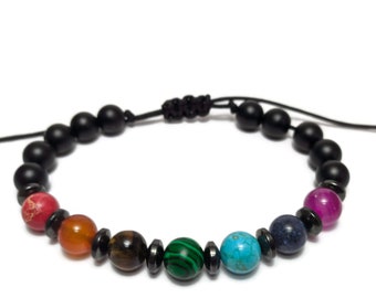 7 chakra beads bracelet, healing onyx bracelet, adjustable bracelet, for her or for him