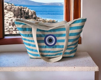 Sac de plage en toile à rayures brodée - Cadeau grec - Sac d'été