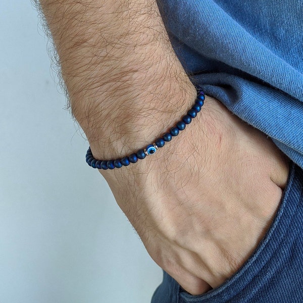 Bracelet homme hematite bleu  et oeil bleu