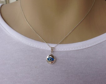 Round evil eye pendant necklace, sterling silver evil eye jewelry, women's protection