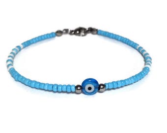 Blue evil eye beaded bracelet, tiny evil eye bracelet, delicate jewelry, gift for her