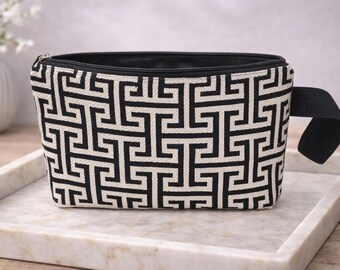 Greek Key Pouch: Black & White Jacquard Fabric, Made in Greece