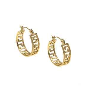 Greek key earrings, Gold Plated Stainless Steel Hoop Earrings, Meander Design, Hypoallergenic Everyday Jewelry, Gift for Her, Greek Jewelry