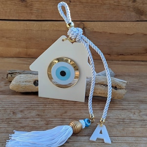 Evil eye house wall hanging - house protection decor with personalized initial - Greek souvenir, good luck ornament, gift, home decoration