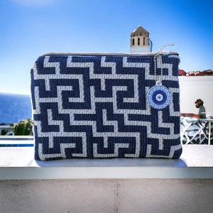Pochette Tissus Jacquard Motif Grec - Beige ou Bleu