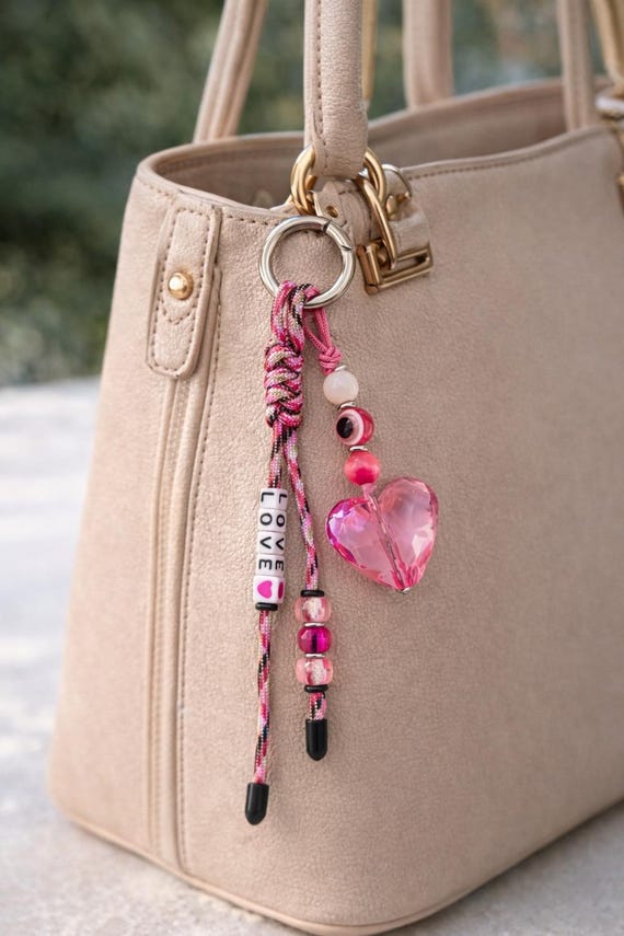 Heart Evil Eye Bag Charm: Pink Acrylic Love Beads, Greek  display picture 1