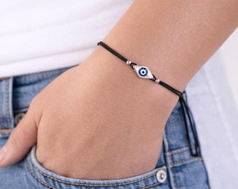 Dark Blue Evil Eye Bracelet: Greek Lucky Charm, Adjustable Cord