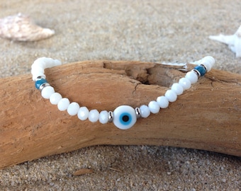 White evil eye crystal beaded bracelet, gift for her, Greek jewelry, friendship bracelet