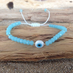 Evil Eye Bracelet, Dainty Blue Beaded Jewelry, Protective Greek Style Crystal Beaded Wrap, Gift for Her, Women’s Boho Layering Accessory
