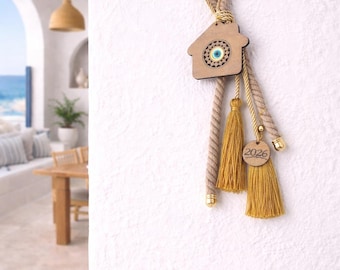 Handmade Evil Eye House Decor – Wooden Wall Hanging with Gold Tassel