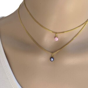 Evil Eye Necklace, Women&#39;s Protection Jewelry, Greek Gift, Gold Plated Stainless Steel, Blue or Pink Enamel Pendant, Good Luck Charm