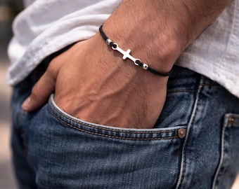 Men's Stainless Steel Cross Bracelet - Nylon Cord