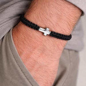 Macrame Cross Bracelet: Stainless Steel Charm, Adjustable Cord