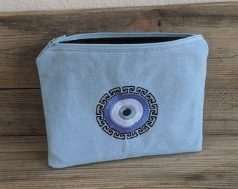 Evil Eye Embroidered Pouch – Blue Cotton Pouch – Greek Gift
