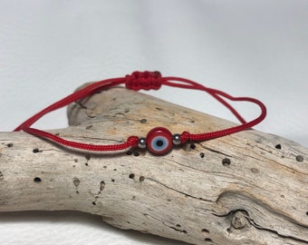 Red String Evil Eye Bracelet: Silver Stainless Steel Beads