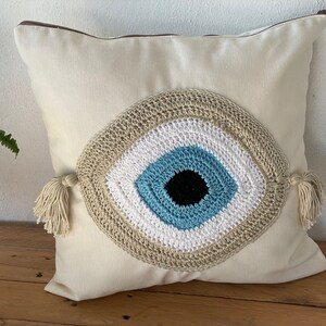 Handmade evil eye cushion cover house ornament crochet pillow Greek gift image 7