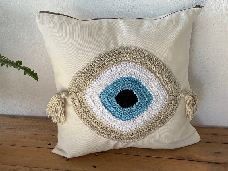 Handmade evil eye cushion cover house ornament crochet pillow Greek gift image 7