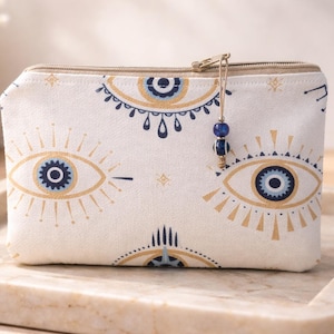Greek Evil Eye Pouch: Cotton Canvas Zippered Purse