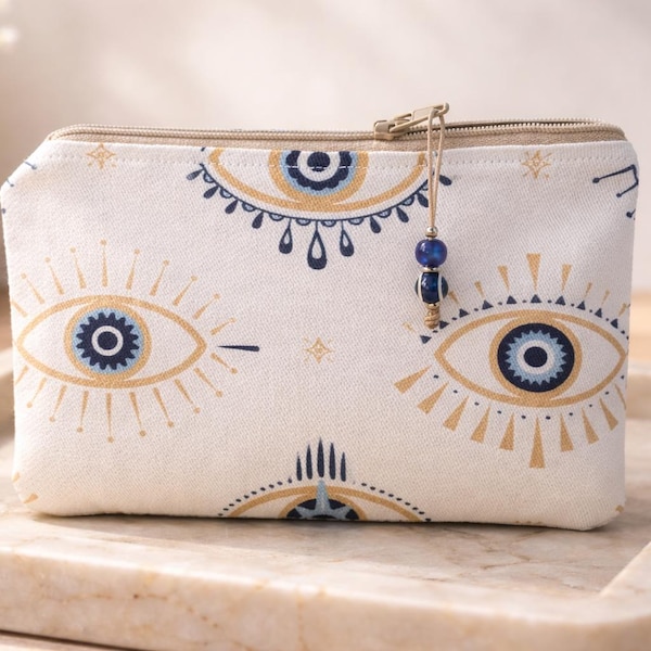 Greek Evil Eye Pouch: Cotton Canvas Zippered Purse